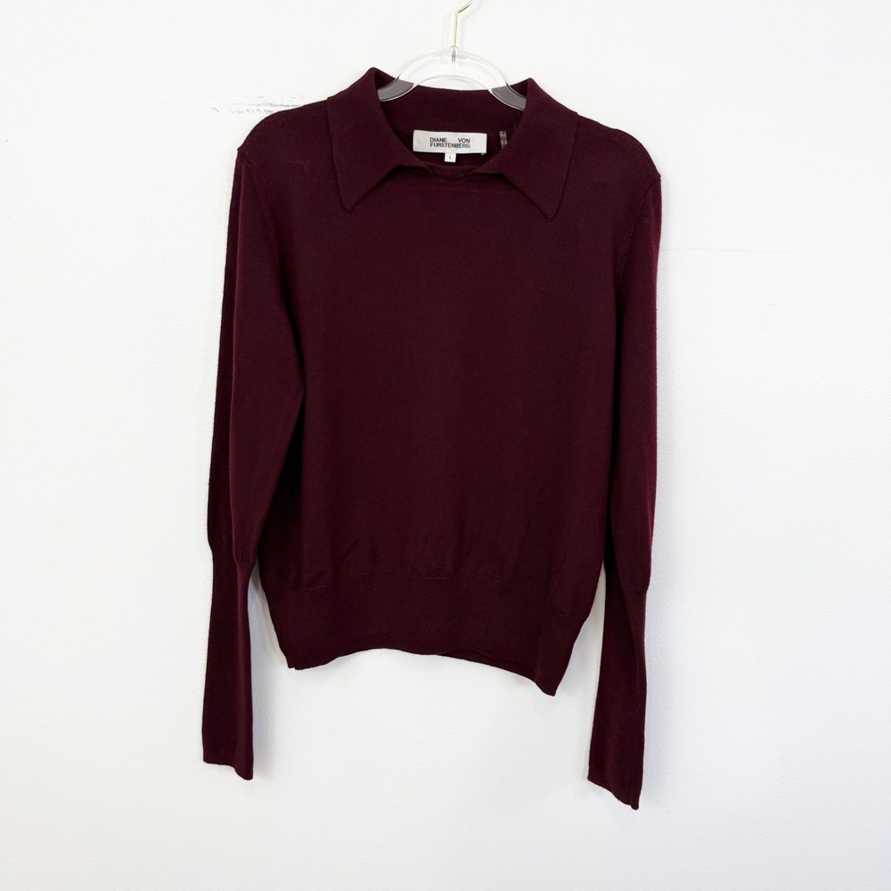 Diane von Furstenberg Burgundy Merino Wool Collared Sweater Size L